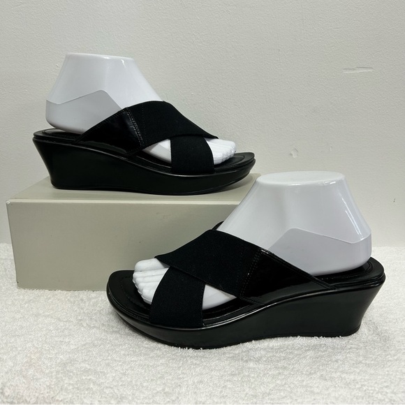 Dansko Ava Black Leather Platform Wedge Sandals - Picture 1 of 13